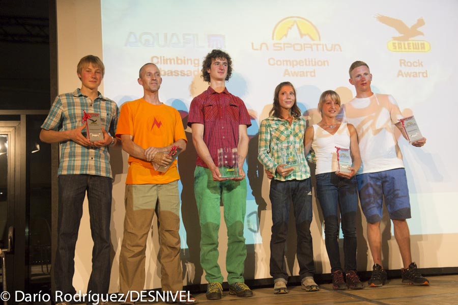 Номинанты и победители премии Arco Rock Legends 2013. Слева направо: Alex Megos, Steve McClure, Adam Ondra, Mina Markovic, Angela Eiter и Jakob Schubert. На фото отсутствует Крис Шарма - он не смог приехать на церемонию