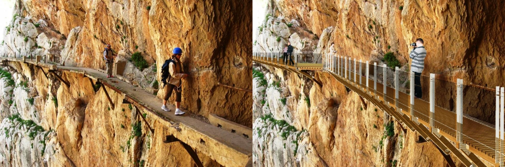 Королевская тропа (исп. El Caminito del Rey). Слева - существующее состояние маршрута. Справа - Проект реконструкци 