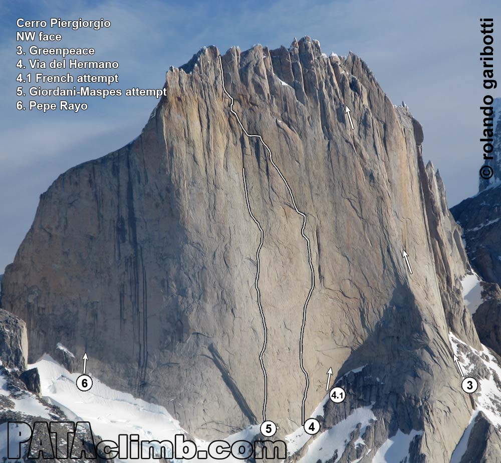 Маршруты Северо-западной стены Cerro Piergiorgio в Патагонии