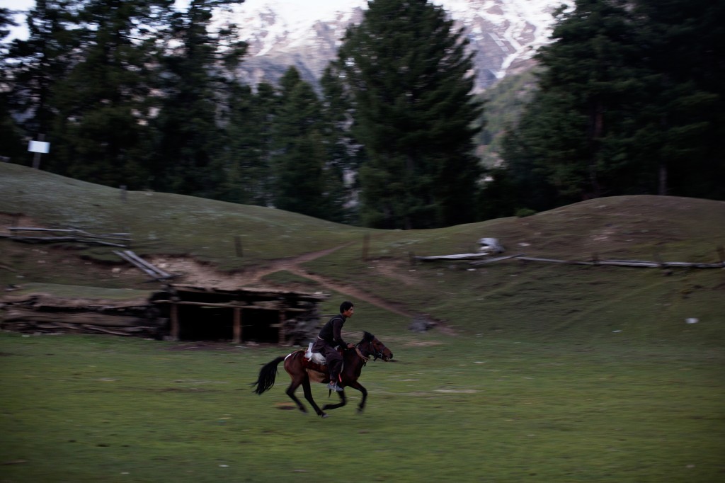 Всадник в кемпинге на Лугах Фей "Fairy meadows". Прохладный летний климат этой поляны - идеальное место для отдыха