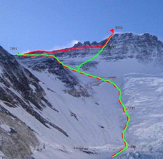  Северо-Западная стена (Lhotse North-West Face Route). Зеленый - стандартный маршрут восхождения на Лхоцзе. Красная линия - маршрут Дениса Урубко