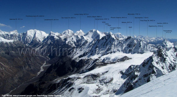 Снято с Mt. Naya Kangri. На карте место съёмки отмечено желтым элипсом