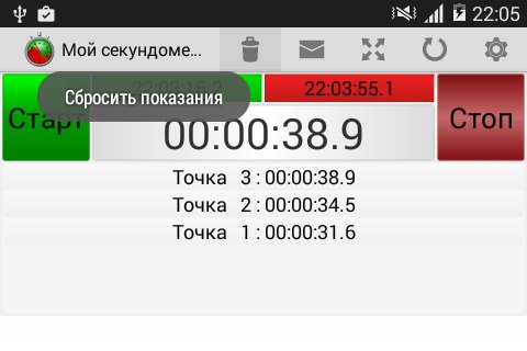 Рис.9. Чтобы сбросить показания секундомера жми кнопку с корзиной.