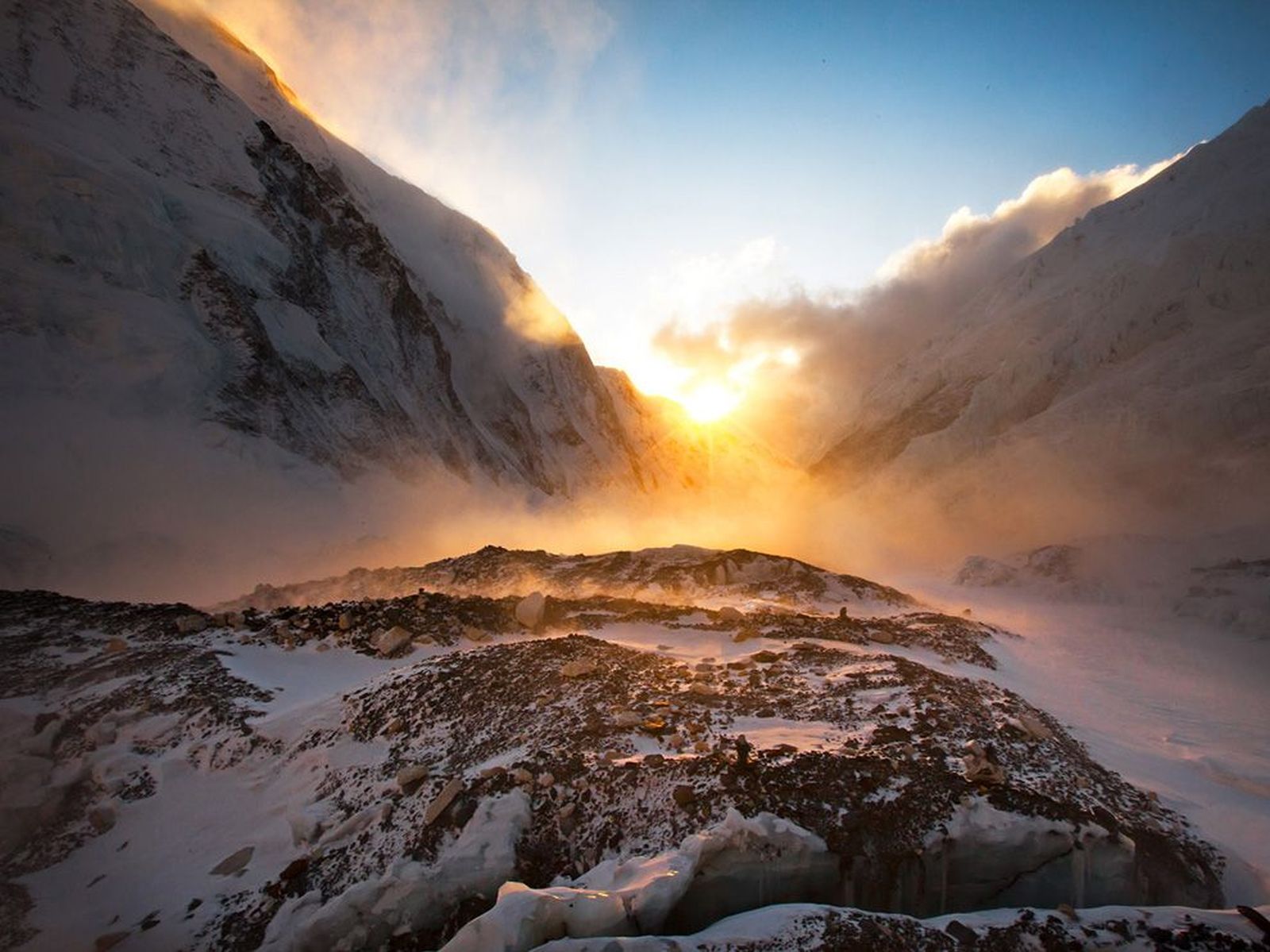 Windy sunset at camp 2 on Everest, khumbu, Nepal. Photo Cory Richards