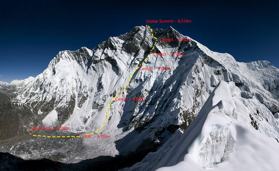 Планируемый маршрут корейской команды на Южной стене Лхоцзе. 2017 год