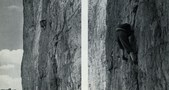 Джузеппе Димаи с первой экстремально длинной веревкой на северной стене Гроссе Цинне.  Эти восхитительные фотографии были сделаны Б. Гедина во время первых попыток  подъема на стену.