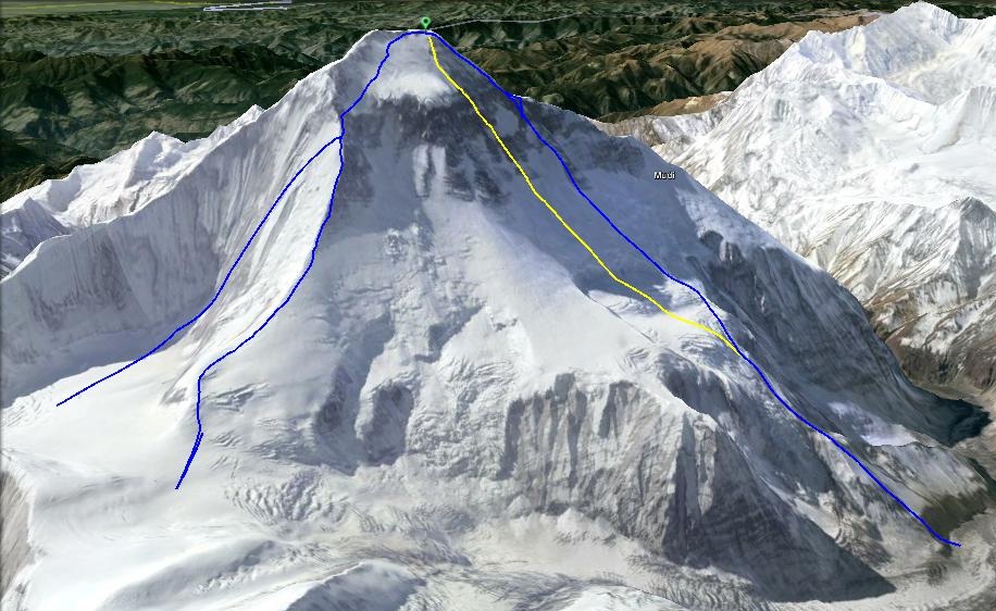 Дхаулагири. Северная стена. Маршрут 1993 года отмечен желтой линией