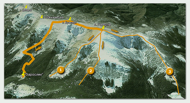  варианты завершения траверса через юго-восточный склон Брескула: 1 - по СВ гребню, 2 - по СВ отрогу, 3 - через полонину Гропа