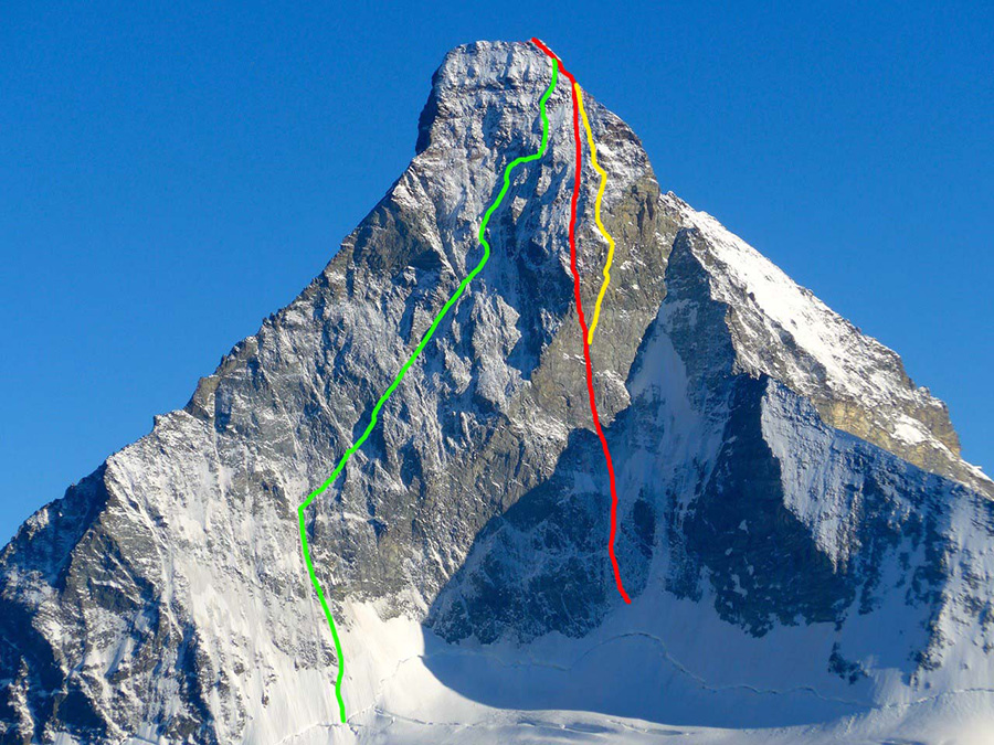 Северная стена Маттерхорна. Зеленым цветом обозначен маршрут Шмида (Schmid route), желтым цветом - маршрут Гогна-Герутти (Gogna-Cerruti Route) и красным цветом - маршрут Schweizernase 