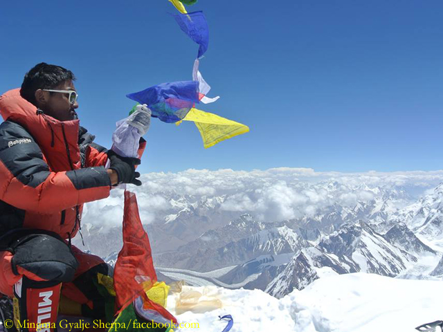 Мингма Галйе Шерпа (Mingma Gyalje Sherpa) на вершине восьмитысячника К2. 2014 год