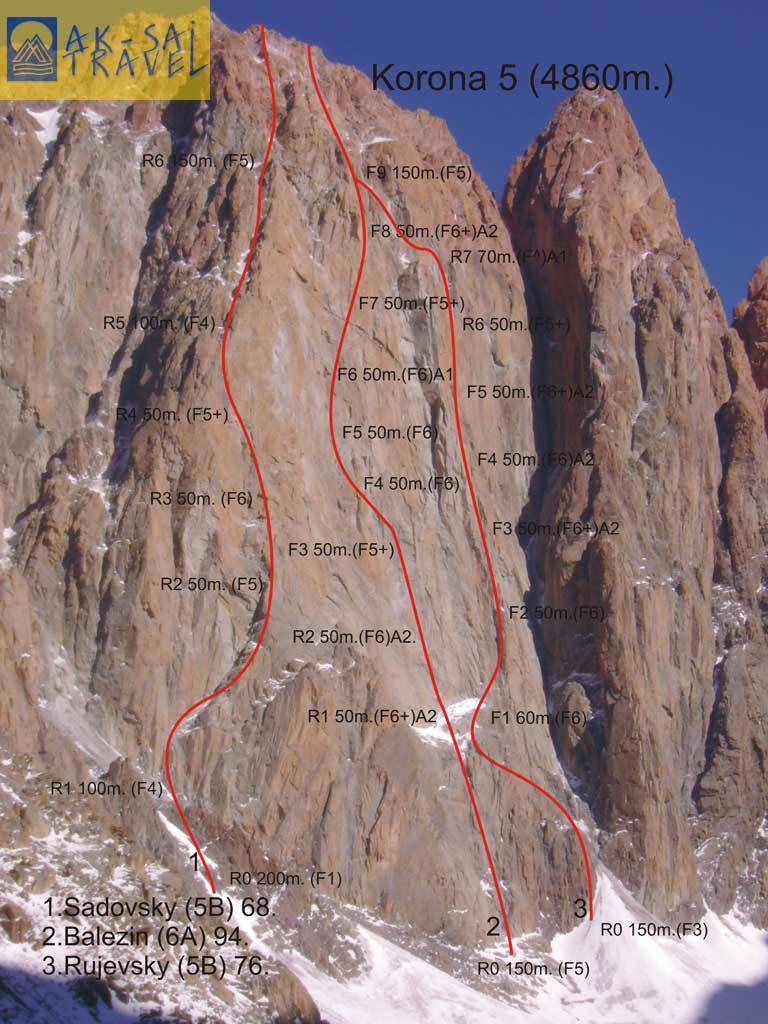 Пик Корона 5-я башня высотой 4860 метров. Маршрут Белезина 6А под номером 2