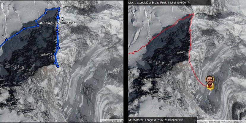 Сравнение показаний GPS Тунка Финдика и Оскара Кадьяка (справа) с показаниями GPS Джона Снорри (с лева) при восхождении на Броуд Пик, август 2017