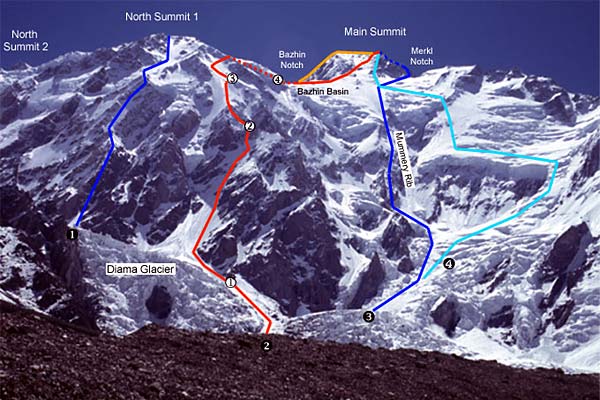 Нангапарбат (Nanga Parbat, 8126 м). Стена Диамир. Маршрут Месснера под №4. Маршрут Тони Кинсхофера (Kinshofer Route) под номером 1 