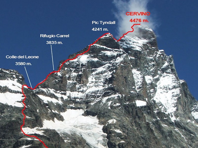 Маттерхорн, маршрут у перевала Colle del Leone и хижины Каррель (Capanna Carrel, 3835 м). 