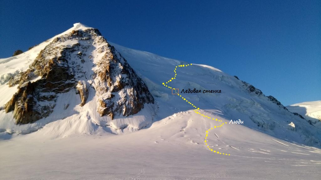 Подъем на Монблан-дю-Такюль (4248 м). Отмечено место ледовой стенки. Фото Владимир Каширин