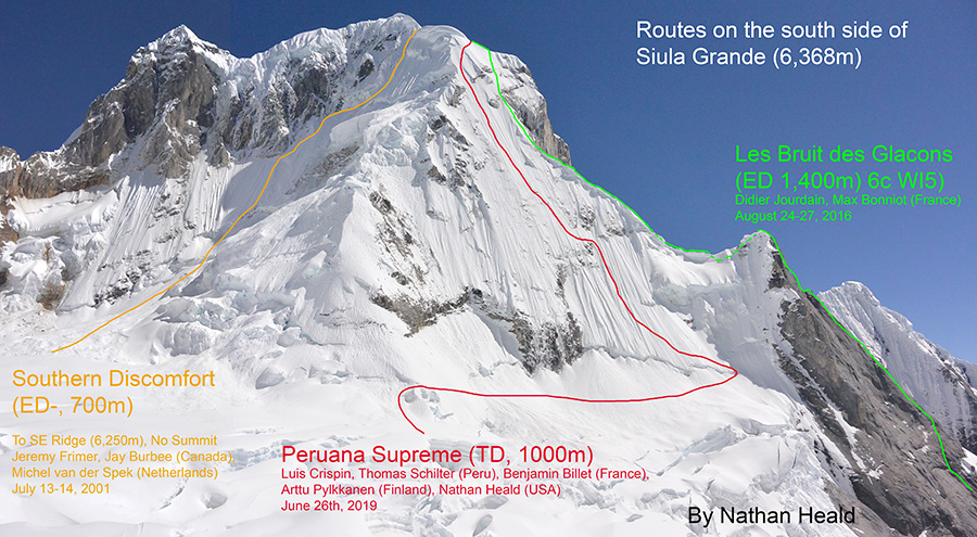 Маршрут "Peruana Supreme" (1000m, TD, AI4) по южной (юго-юго-восточной) стене горы Сиула Гранде (Siula Grande, 6368 метров) в Кордильера-Уайуаш в Перу 