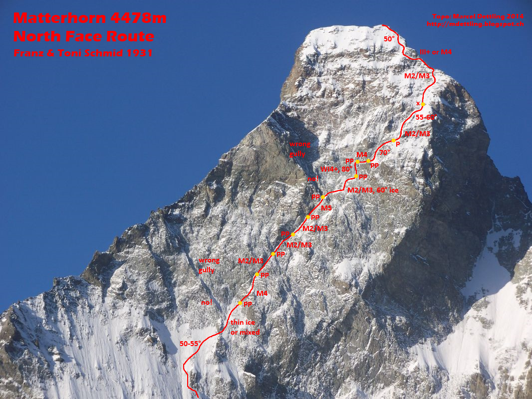 1100-метровый маршрут Шмидта (Schmid route) по северной стене Маттерхорна. Разбивка по участкам. Фото Marcel Dettling