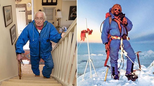 Даг Скотт (Doug Scott) на лестнице в своем доме (2020 год) и на вершине Эвереста в 1975 году