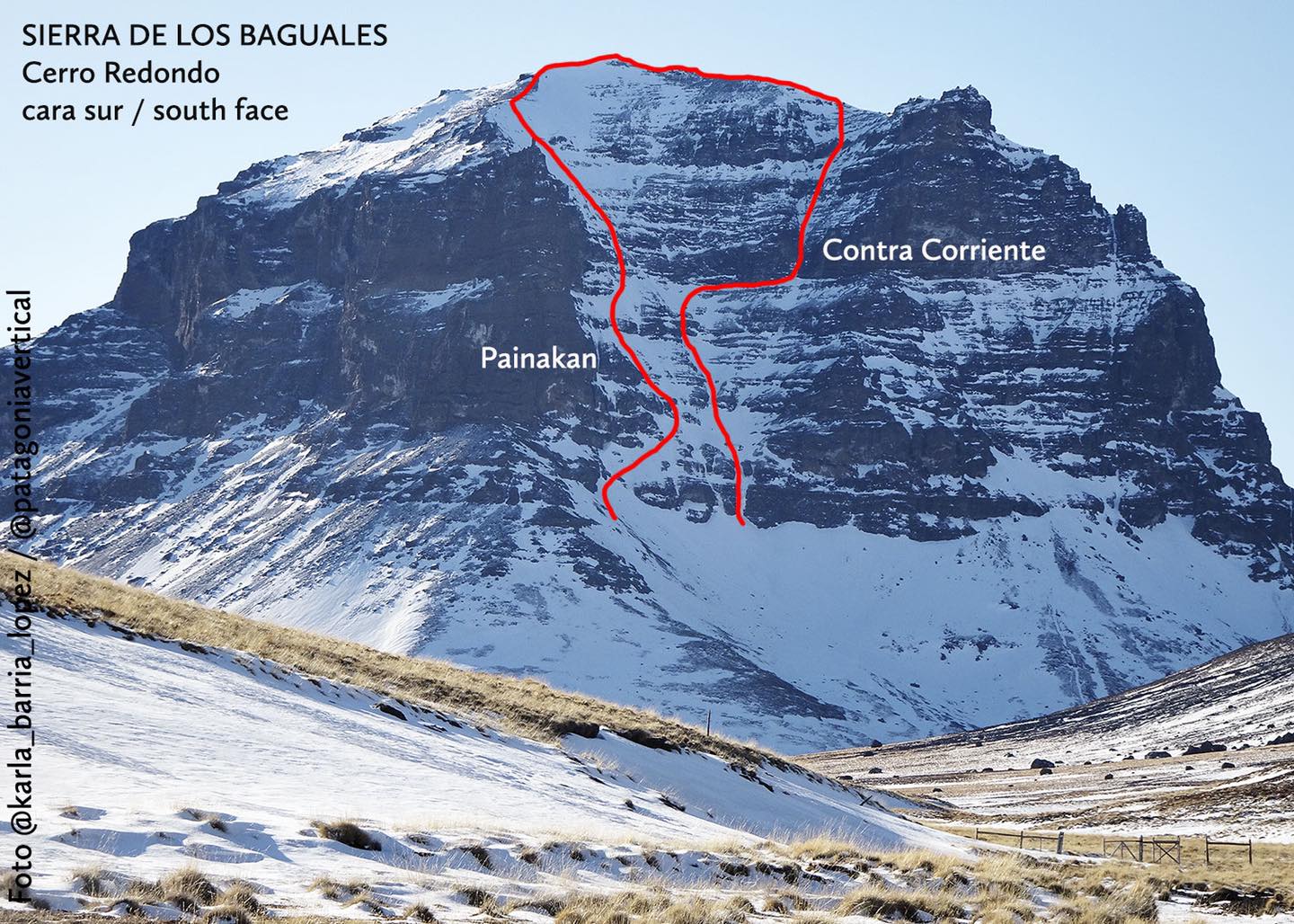 Маршрут “Contra Corriente” (WI 5 60˚/ 90˚)  по южной стене горы Серро Редондо (Cerro Redondo)