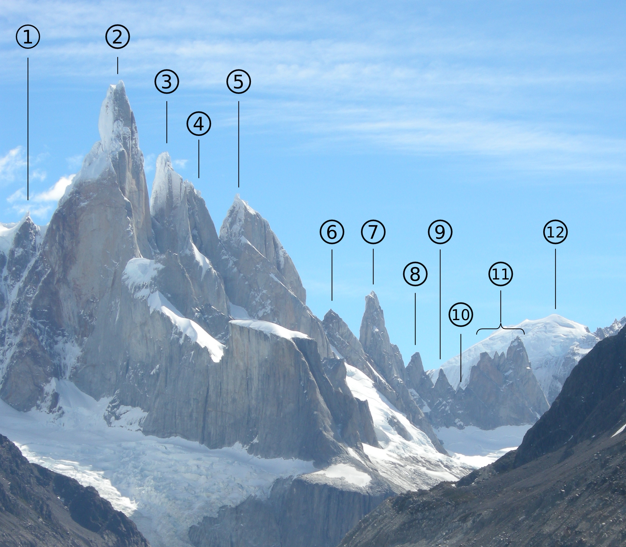 Вершины группы Cerro Torre: 2: Cerro Torre, 3: Torre Egger, 4: Punta Herron, 5: Aguja Standhart, 7: Aguja Bífida, 11: Cuatro Dedos.