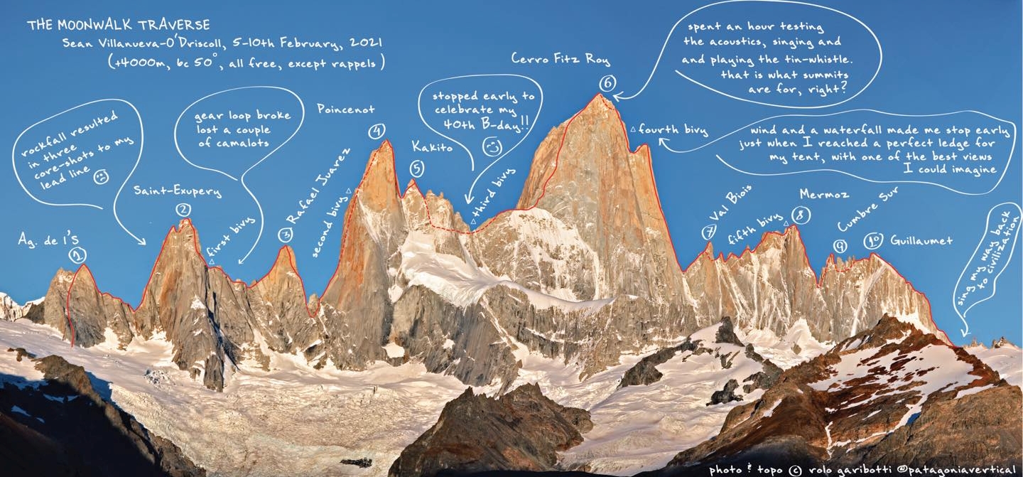 траверс хребта массива Фицрой в Патагонии, так называемой задачи: "Fitz Traverse". Маршрут Шона Виллануэва