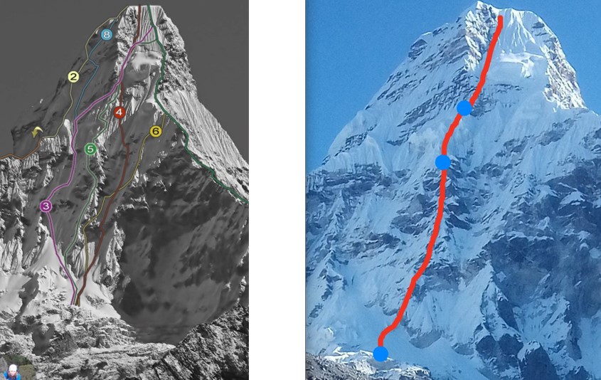 На левом фото - маршруты по Западной стене Ама-Даблам. Зеленым цветом отмечен маршрут "American Direct", красным цветом - маршрут Шмида (Smid route). На правом фото - комбинация маршрутов, пройденная чешской командой в 2021 году