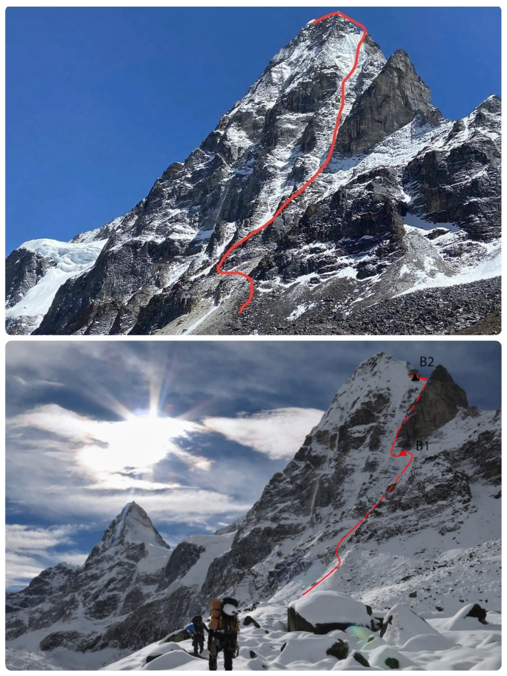 Вгорі – японський маршрут 2022 року. Внизу – незакінчений маршрут чеської команди 2014 року. Північна стіна Кангчунг Нуп (Kangchung Nup) висотою 6090 метрів у Непалі