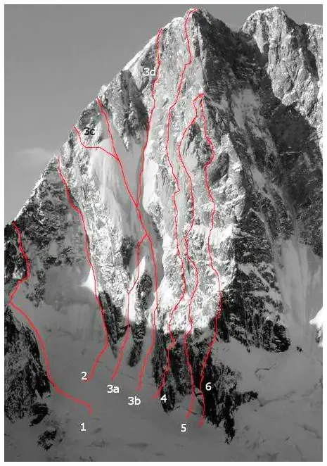 Північно-східна сторона стовпа Волкера на Гранд-Жорас (Grandes Jorasses):<br><br>5) «Rolling Stones» (KutilProchaska/Slechta/Svejda, 1979, 1100 м, ED3, 6b/A3, 80°)<br>6) «Direttissima» (Bouvard/Gabarrou, 1986, ED3) /4, 6c-7a, A1/A2, 1200 м)<br>фото: summitpost.org