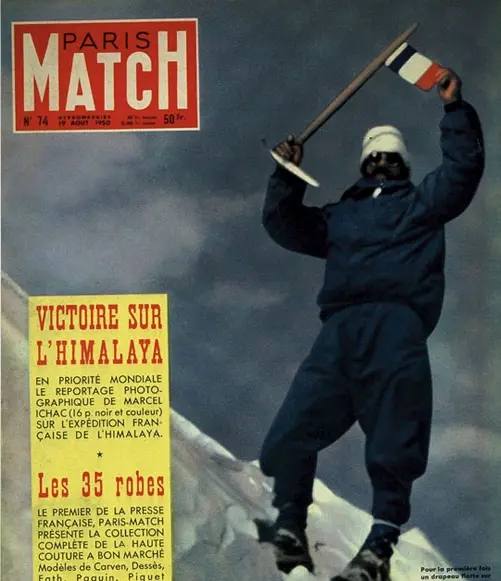Обкладинка журналу Paris-Match у 1950 році, присвячена першому в історії сходженню на восьмитисячник Моріса Ерцога (Maurice Herzog) та Луї Лашеналя (Louis Lachenal) 