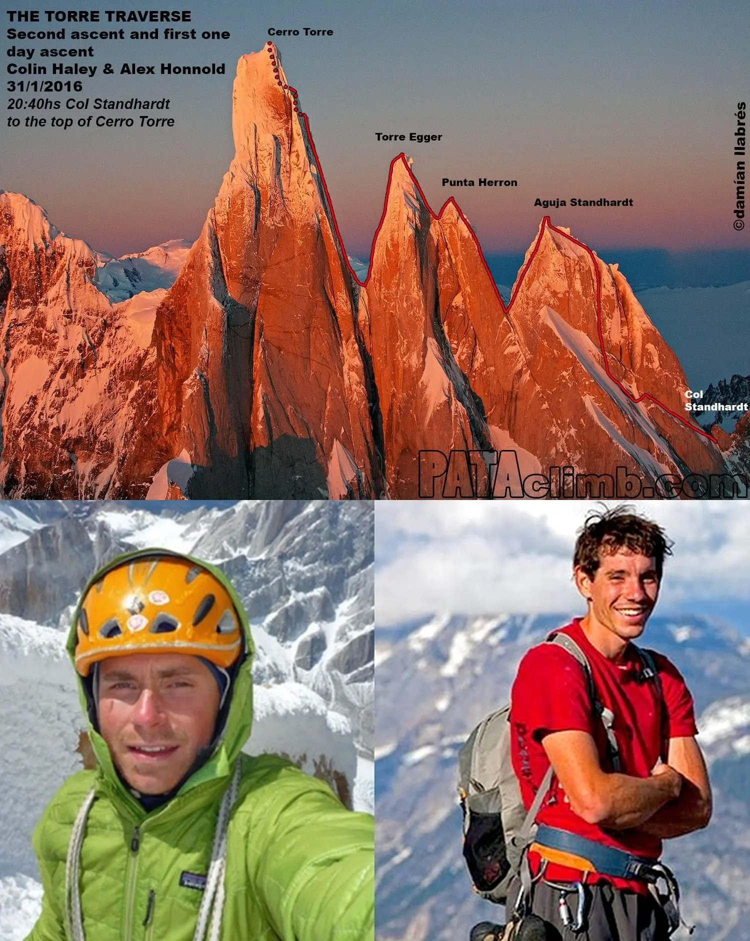 Колін Гейлі (Colin Haley) та Алекс Гоннольд (Alex Honnold). Перше повторення траверсу вершин Серро Торре з рекордом швидкості проходження (за 20 годин 40 хвилин)