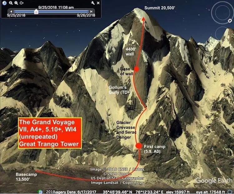 Маршрут „The Grand Voyage” (VII 5.10 A4+ WI3) на вершину пакистанської гори Great Trango Tower (6231 м)