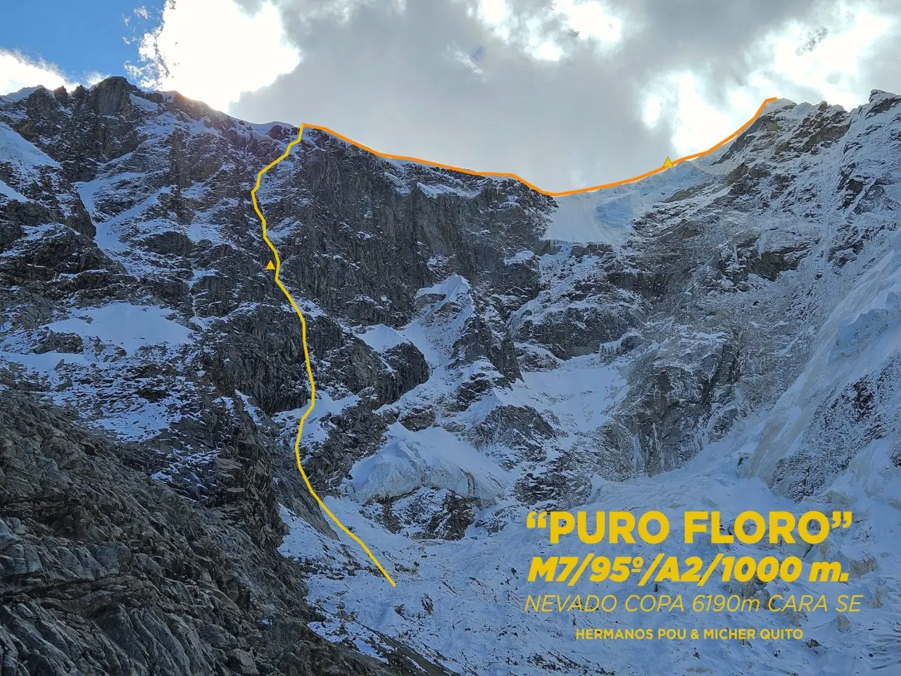 маршрут ‘Puro Floro’ (1.000 m, M7, 95º, A2) >на південно-східній стороні гори Невадо Копа (Nevado Copa, 6188 м), Кордильєра-Бланка, Перу. Фото Eneko Pou