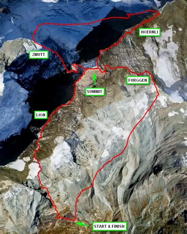 маршрут забігу Філіпа Бабіча через 4 хребти Маттергорну (Matterhorn, 4478 метрів). Фото Filip Babicz